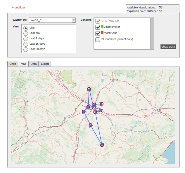 Figure : Meshlium Visualizer can plot graphs and geo-locate data on maps