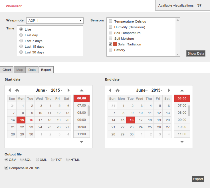 Figure : Configuring Meshlium Visualizer to export data