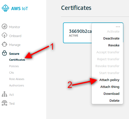 Figure : Select &#x201C;Attach policy&#x201D;