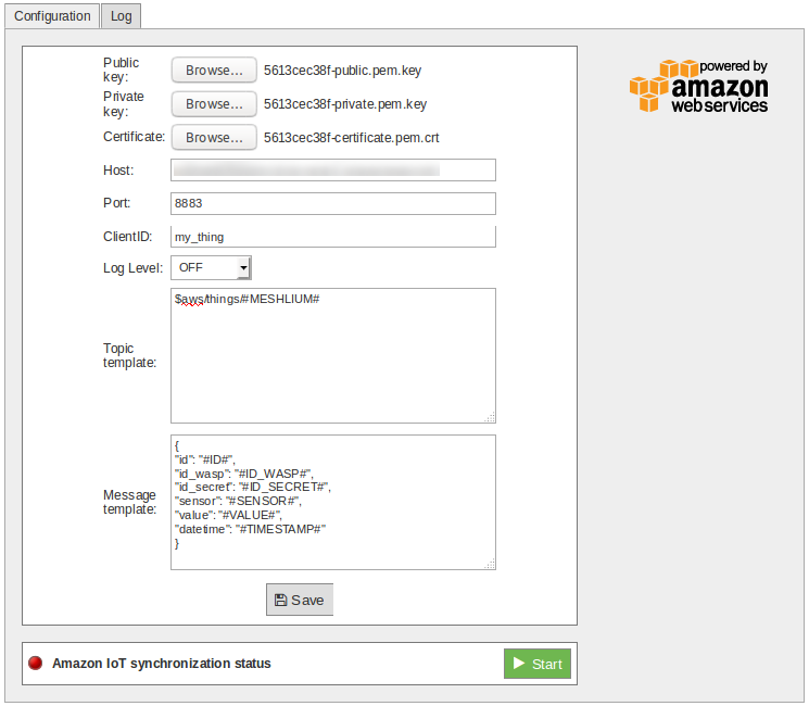 Figure : Amazon IoT configuration panel