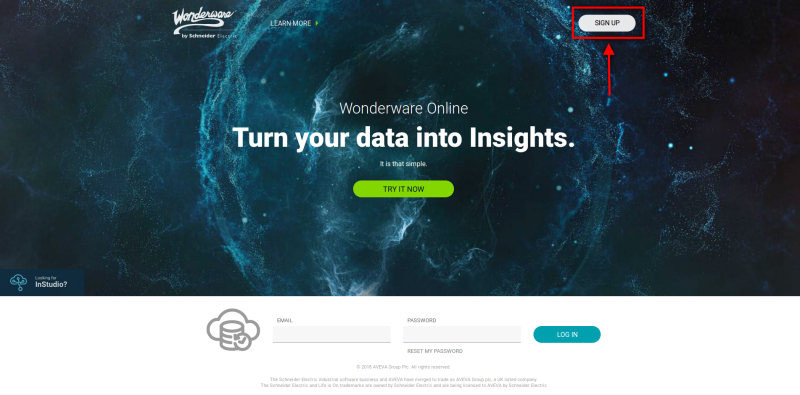 Figure : Wonderware Online InSight landing page with &#x201C;Sign up&#x201D; button to get started