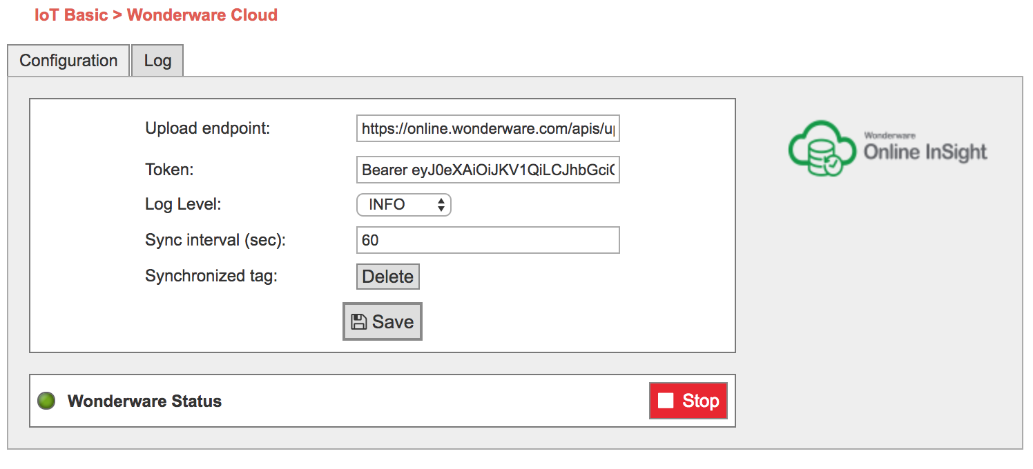 Figure : Wonderware Online Insight Configuration panel