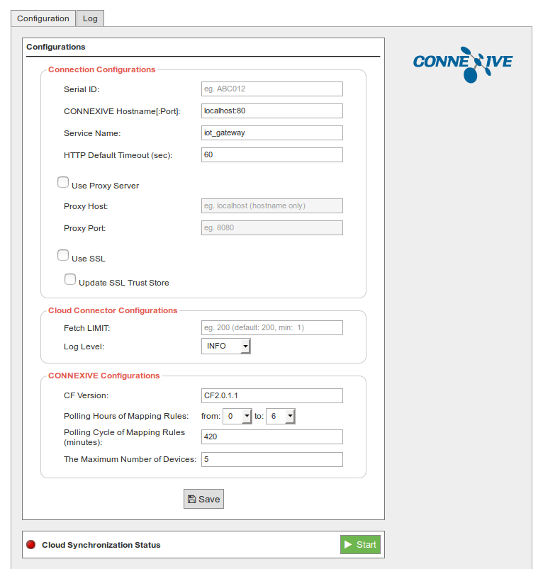 Figure : Connexive synchronization service configuration panel