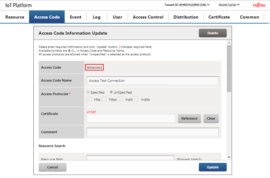 Figure : Fujitsu IoT Platform Portal - Access Code information update dialogue, Bearer Token