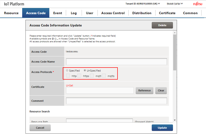 Figure : Fujitsu IoT Platform Portal - Access Code information update dialogue, Access Protocols