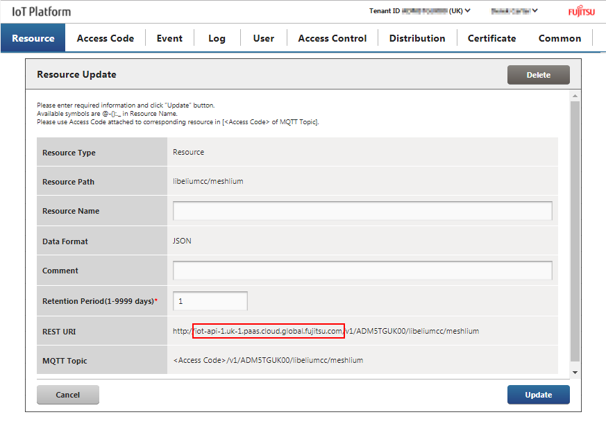 Figure : Fujitsu IoT Platform - resource information update dialogue, Hostname