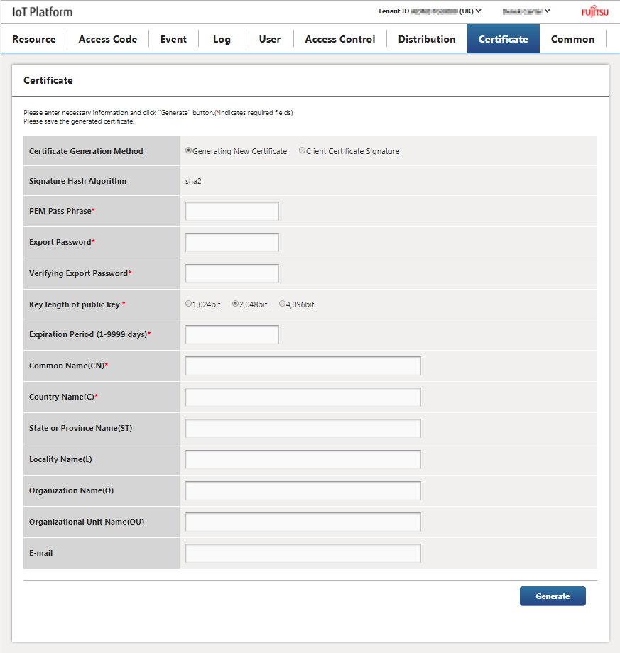 Figure : Fujitsu IoT Platform Portal - certificate and keys generation