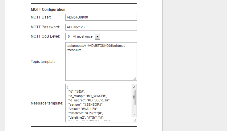 Figure : Meshlium Fujitsu IoT Connector - MQTT configuration parameters