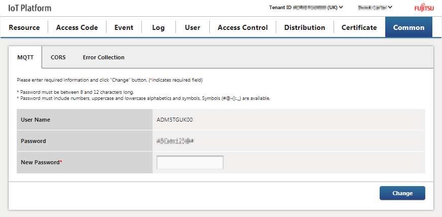 Figure : Fujitsu IoT Platform Portal - common dialogue, MQTT information