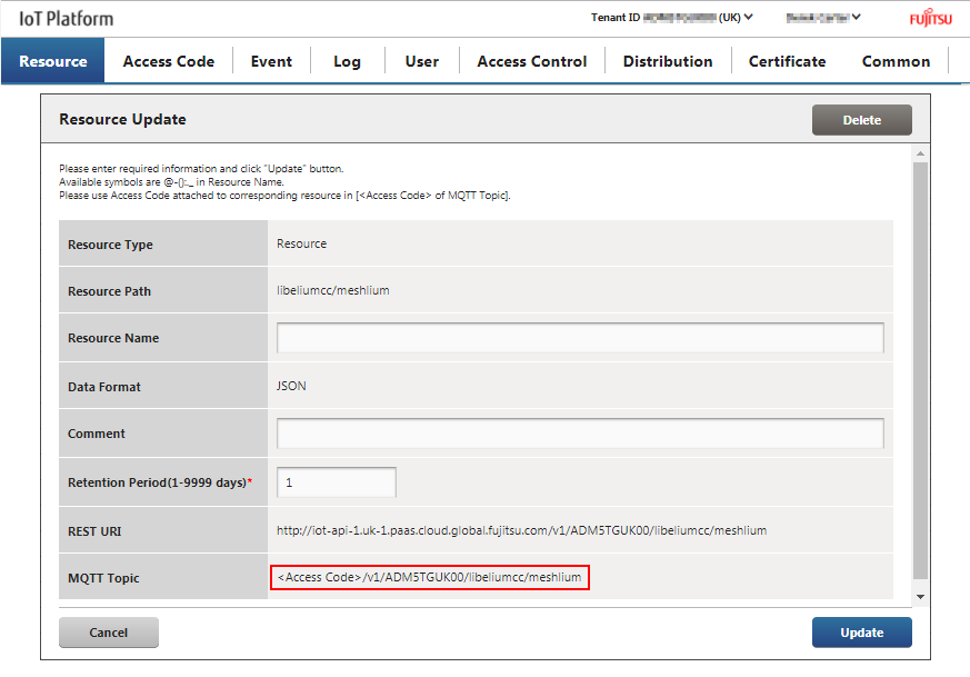 Figure : Fujitsu IoT Platform - resource information update dialogue, MQTT topic