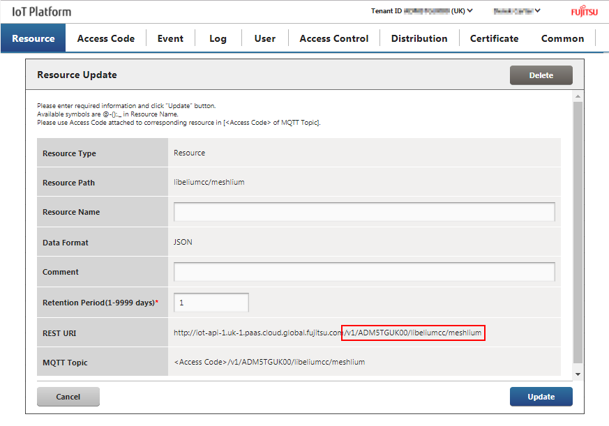 Figure : Fujitsu IoT Platform - resource information update dialogue, REST URI