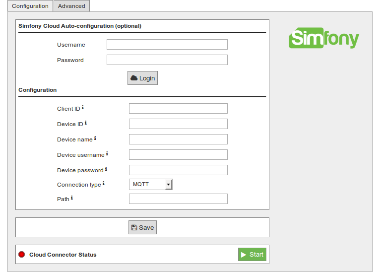 Figure : Simfony cloud connector configuration panel