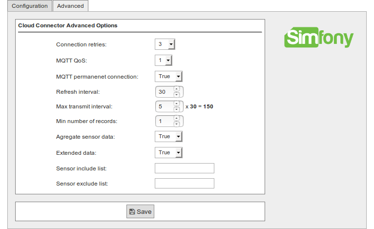 Figure : Simfony cloud connector advanced configuration panel