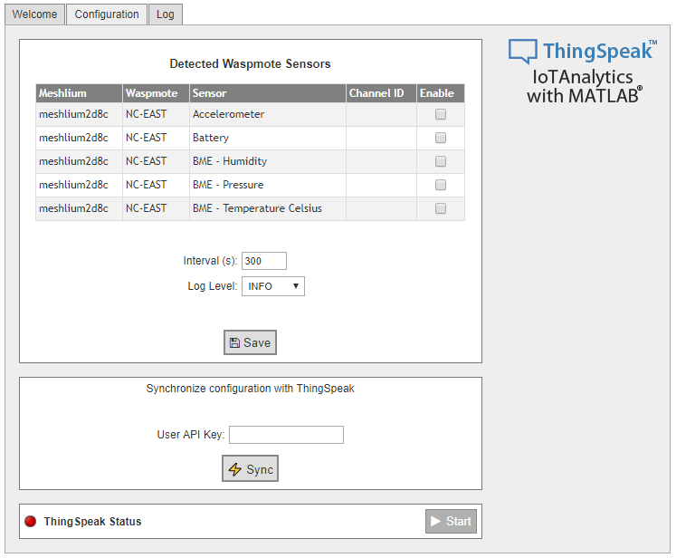 Figure : Configuration tab of the ThingSpeak Cloud Connector in the Meshlium Manager System