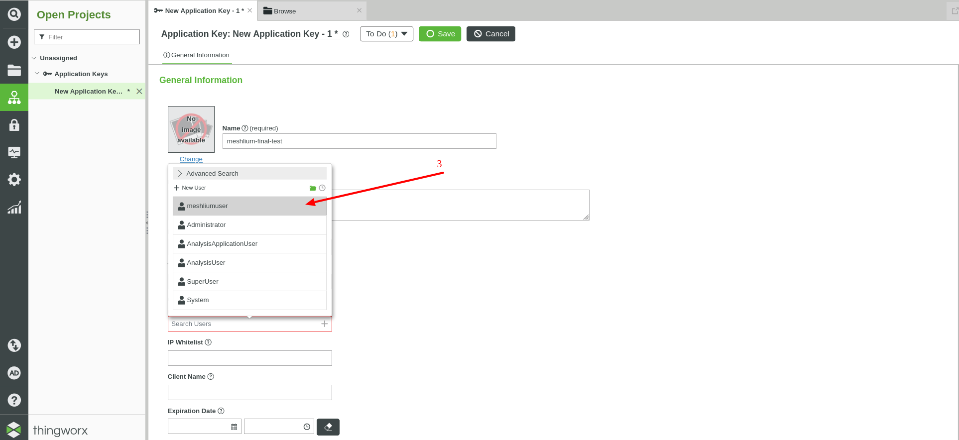 Figure : ThingWorx Application Key, selecting an existing User Name