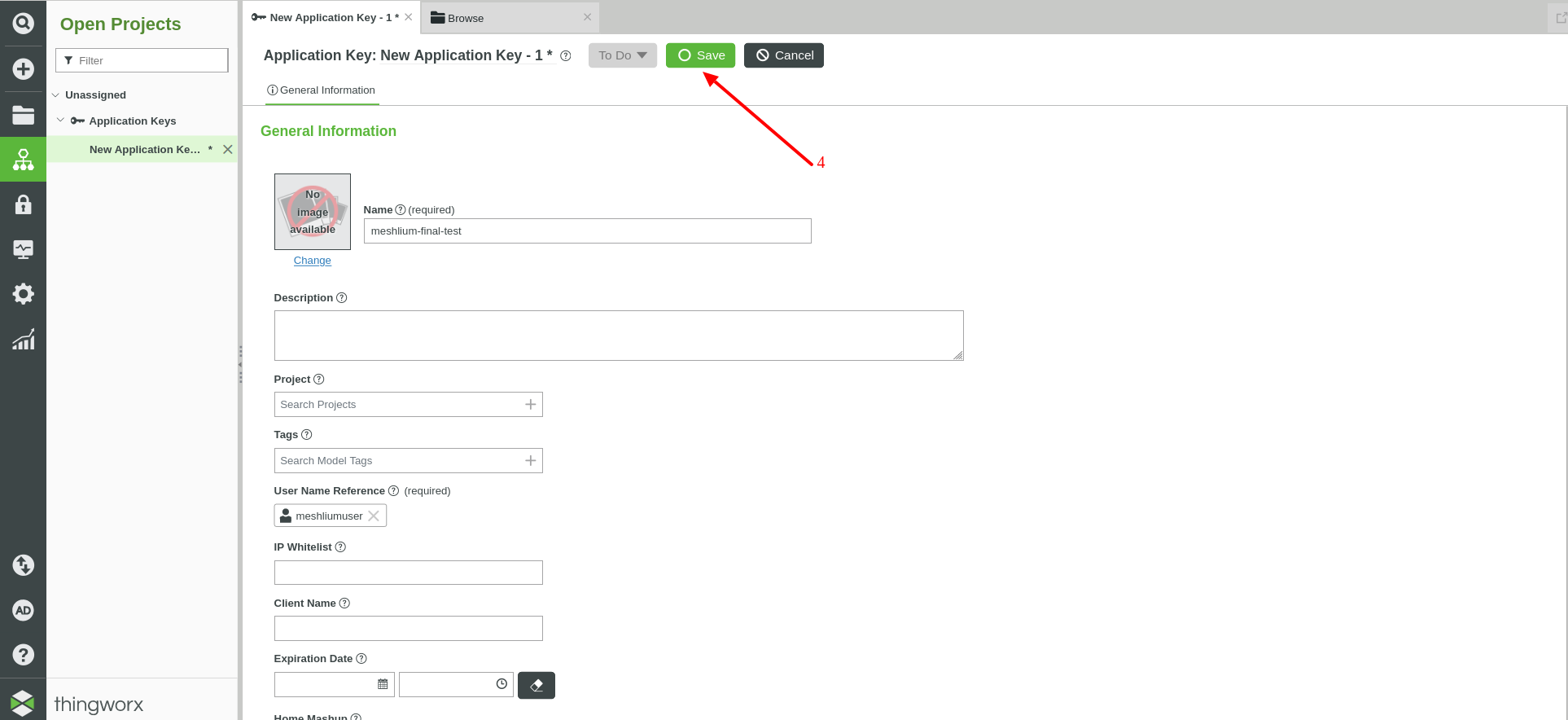 Figure : ThingWorx Application Key, saving changes