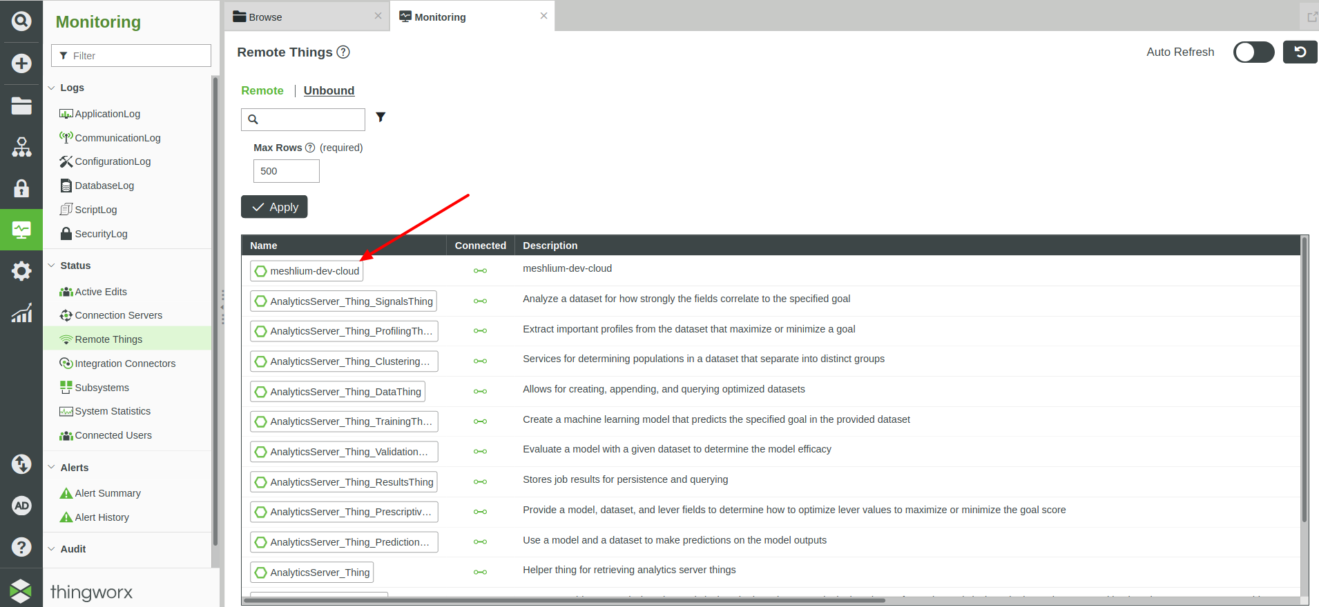 Figure : ThingWorx Monitoring, checking Meshlium gateway