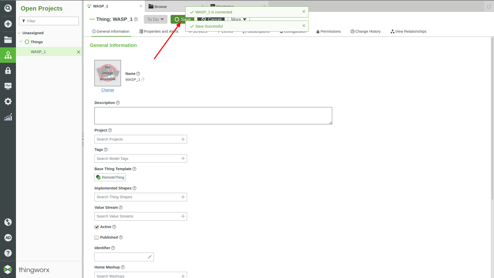 Figure : ThingWorx Remote Things, saving changes