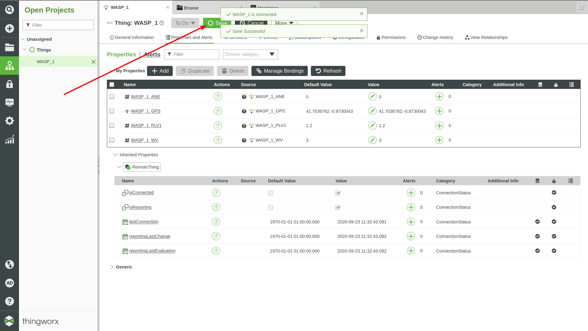 Figure : ThingWorx Thing, saving changes