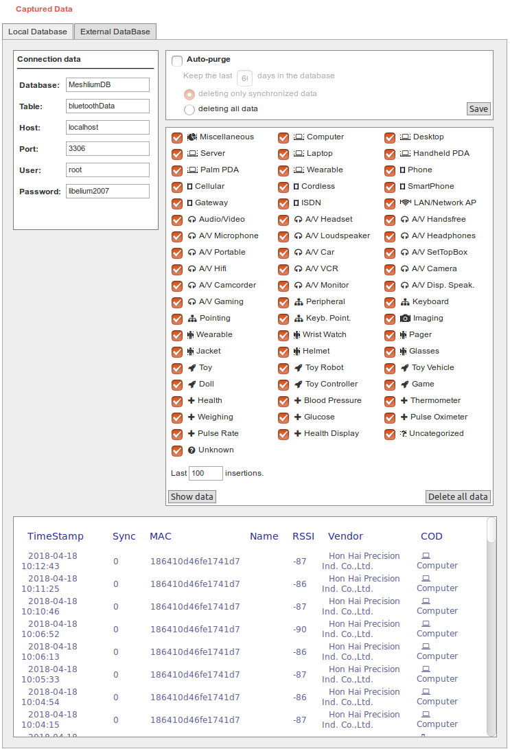 Figure : Local database for Bluetooth/BLE Scanner