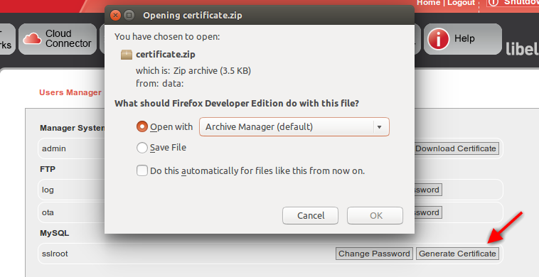 Figure : zip file with the compressed certificates \(MySQL\)