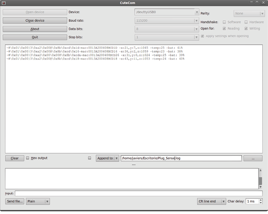 Figure: Cutecom application capturing Waspmote&#x2019;s output