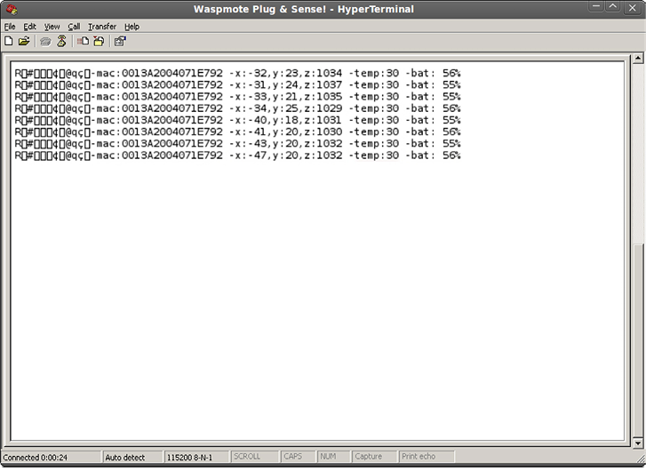 Figure: HyperTerminal application capturing Waspmote&apos;s output.  &#x200C;